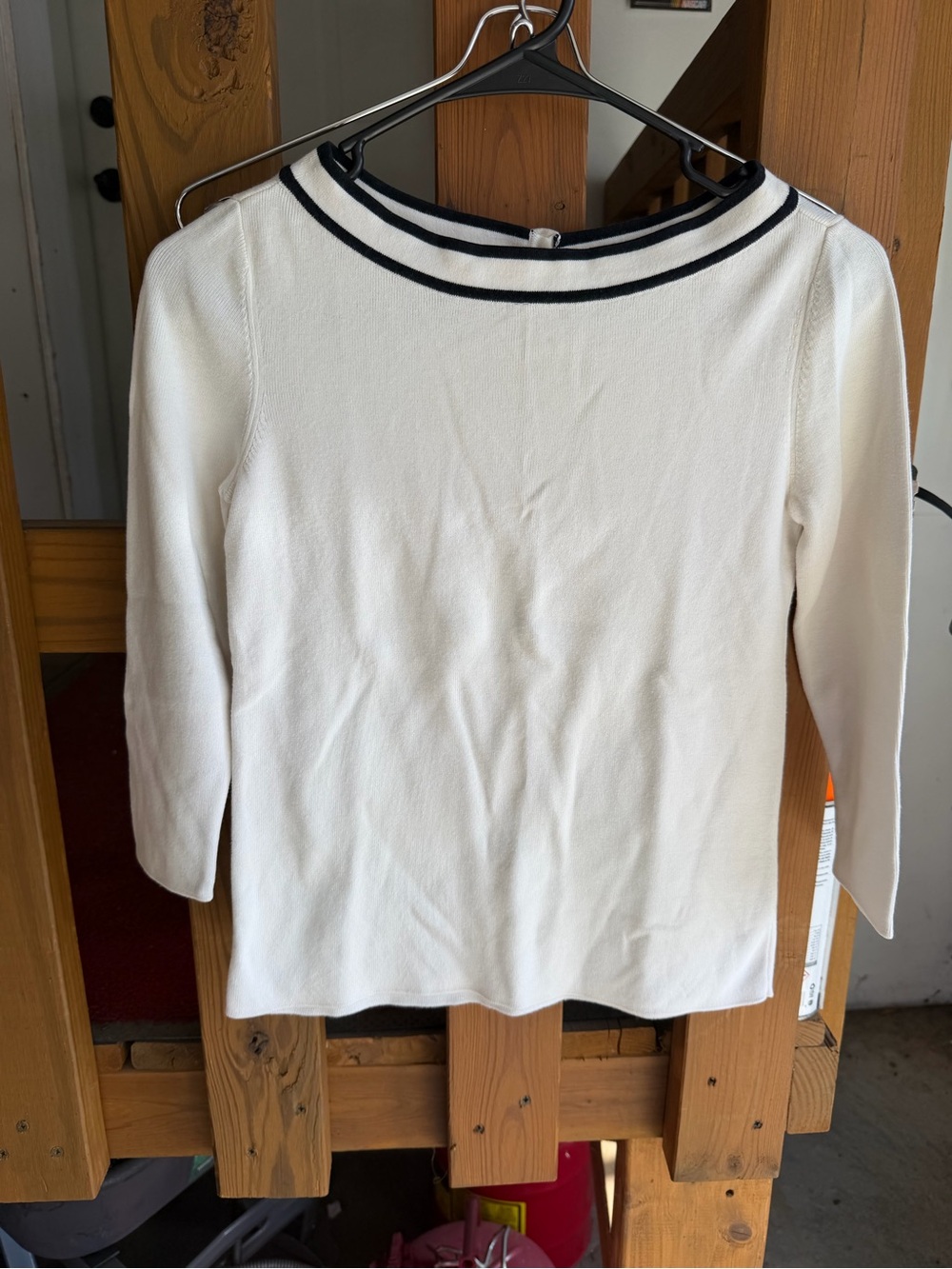 Talbots White Sweater with Black Striped Trim